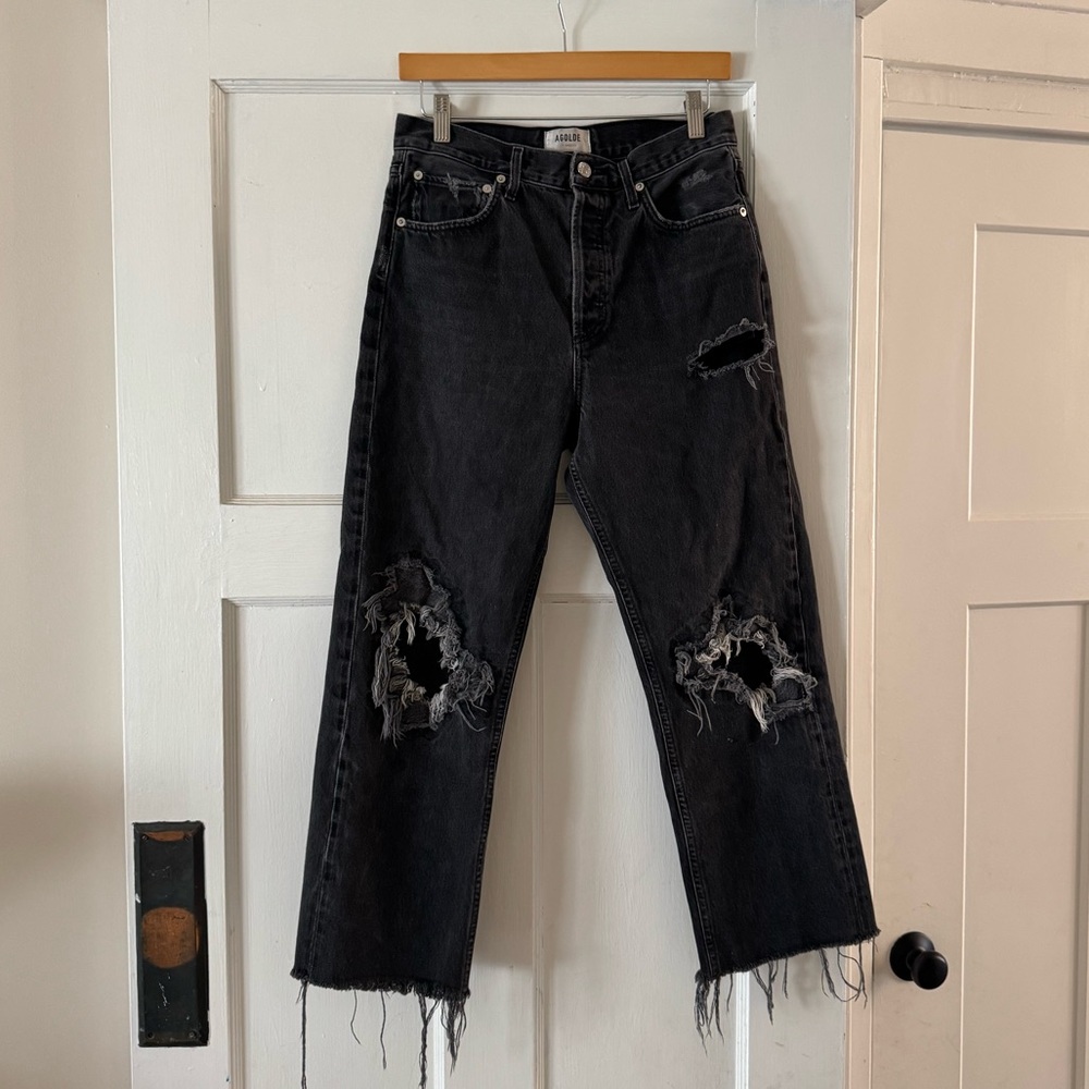 AGOLDE 90s Fit Audio Black Denim Jeans High Rise Cropped Distressed 27 A0898-948